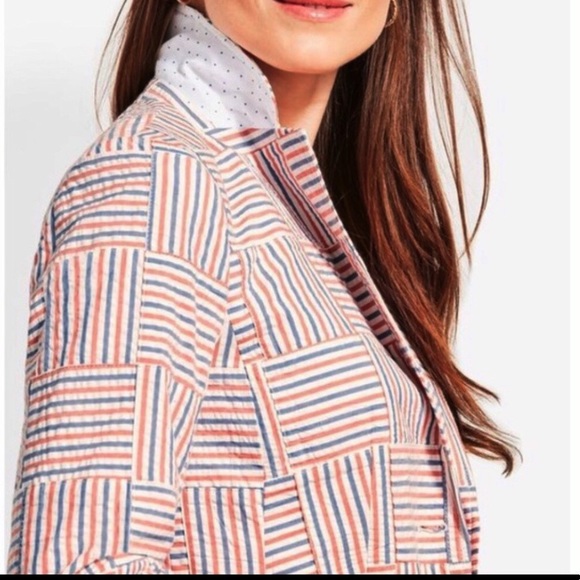 Talbots Seersucker Stripe Patchwork Blazer Size 8P - Picture 2 of 12